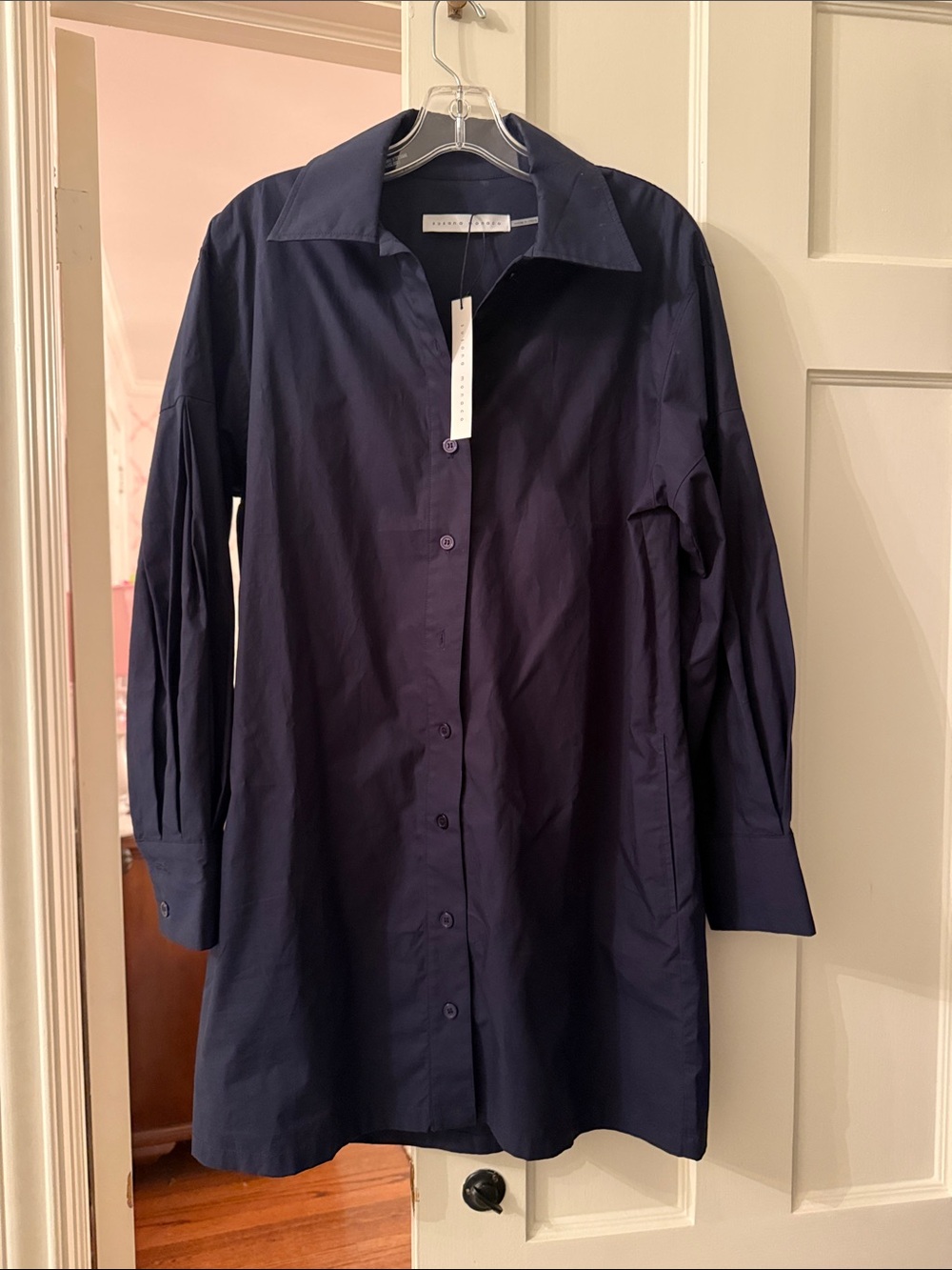 Susana Monaco balloon sleeve Button-Front Navy Poplin Shirt Dress